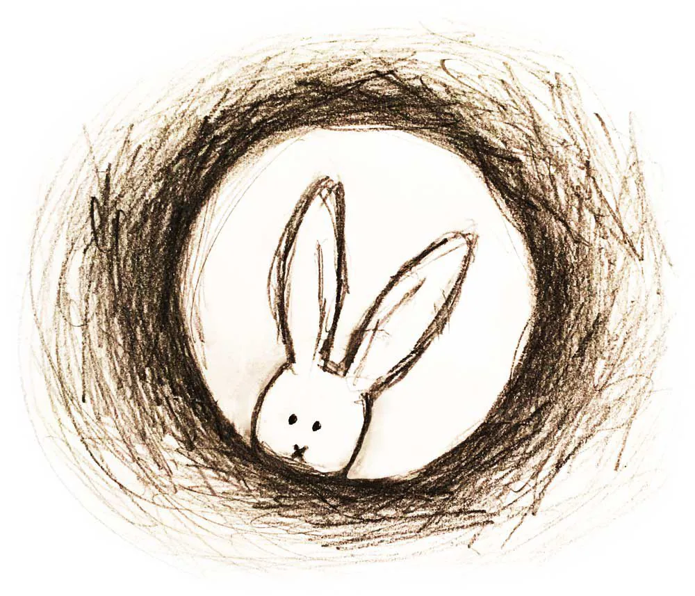 Sketch of a bunny peeking out of a dark rabbit hole